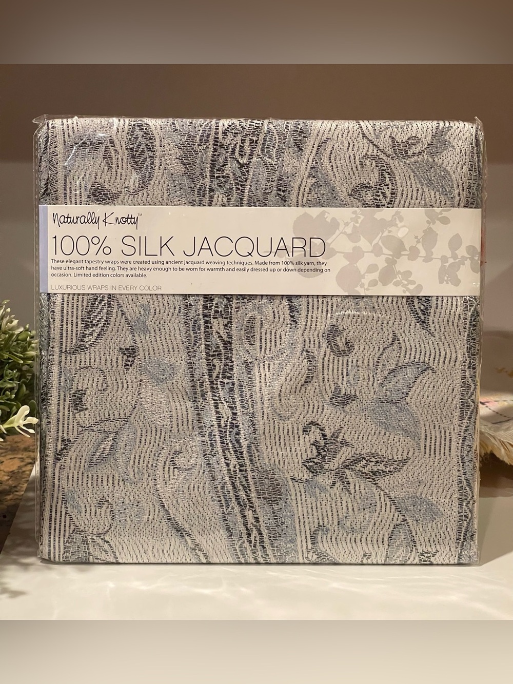 Naturally Knotty 100% Silk Jacquard Scarf - Blue Gray Paisley 26” x77”